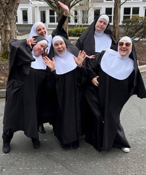 The cast of “Nunsense,” front row, from left, Vicki Valley, Christine Usher and Kate Marshall; back row, from left, Madison Maxwell and Gwen Adams.