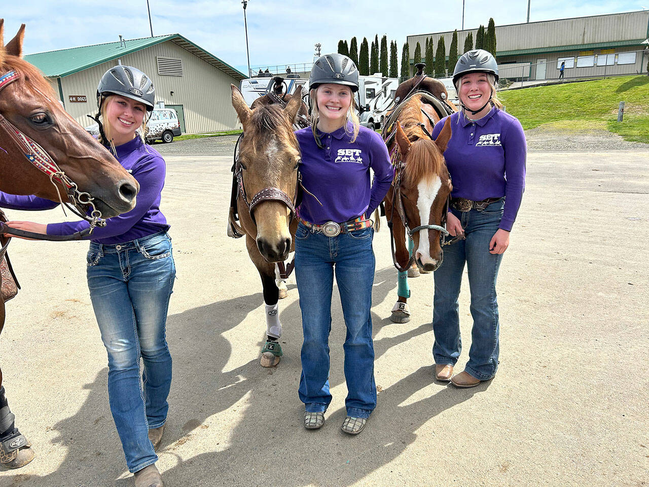 Libby Swanberg , Kennady Gilbertson and Paige Reed are all smiles after attaining multiple top wins, medals and awards at WAHSET Meet 3, held at Grays Harbor Fairgrounds April 11- 14. (Photo by Katie Salmon-Newton)