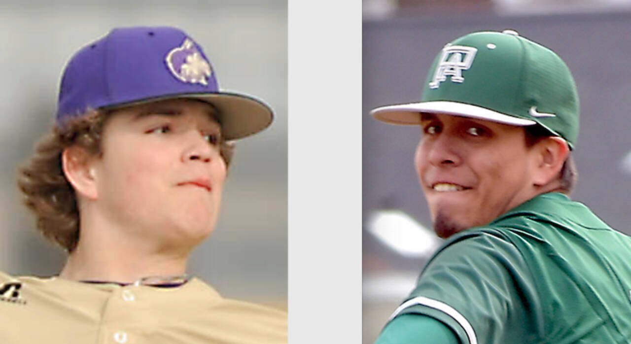 Zeke Schmadeke, Sequim baseball, left, and Brian Guttormsen, Port Angeles baseball. (Photos by Michael Dashiell/Olympic Peninsula News Group, and Keith Thorpe/Peninsula Daily News)