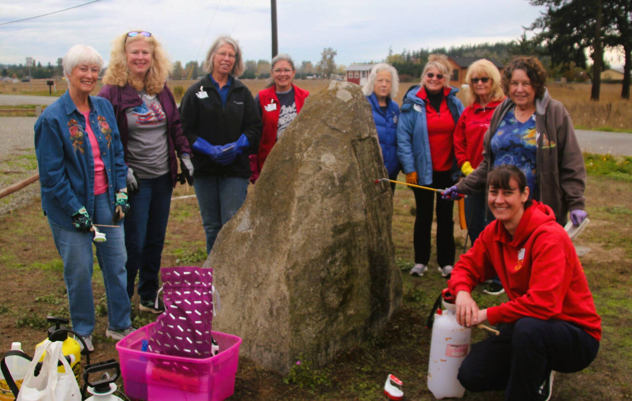 Volunteers from the Michael Trebert Chapter of the Daughters of the American Revolution prepare in October 2023 to clean the stone for a World War I monument in Carlsborg. The group looks to restore the stone this year. Pictured, from left, are Wanda Bean, Judy Nordstrom, Ginny Wagner, Mona Kinder, Darlene Cook, Kristine Konopaski, Pam Grider, Sharlyn Tompkins and Amira-Lee Salavati. Participants not pictured include Judy Tordini and Lindsey Christianson. (Michael Trebert Chapter/Daughters of the American Revolution)