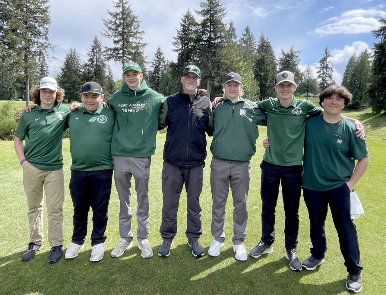 The Port Angeles boys golf team will send four boys to state with more possible. From left, Sky Gelder, Kolby Charles, Reid Schmidt, Bob Anderson, Nate Anderson, Austin Worthington and Max Gelder. Not in the photo is Cale Wentz. (Port Angeles boys golf)