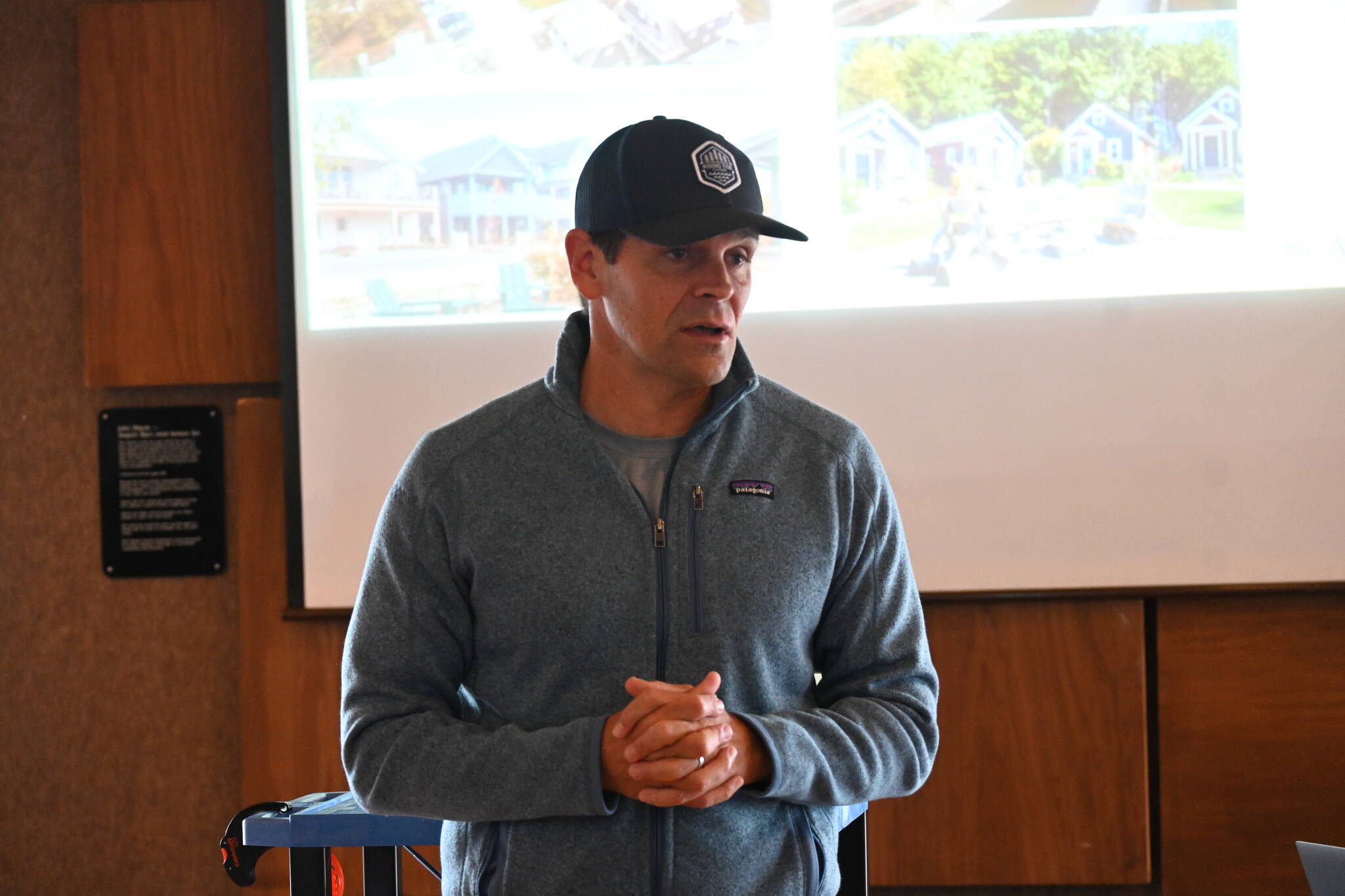 Seabrook CEO Casey Roloff talks with community members about a planned 500- to 600-home development near Sequim Bay on April 23 at John Wayne Marina. (Michael Dashiell/Olympic Peninsula News Group)
Seabrook CEO Casey Roloff talks with community members about a planned 500- to 600-home development near Sequim Bay on April 23 at John Wayne Marina. (Michael Dashiell/Olympic Peninsula News Group)