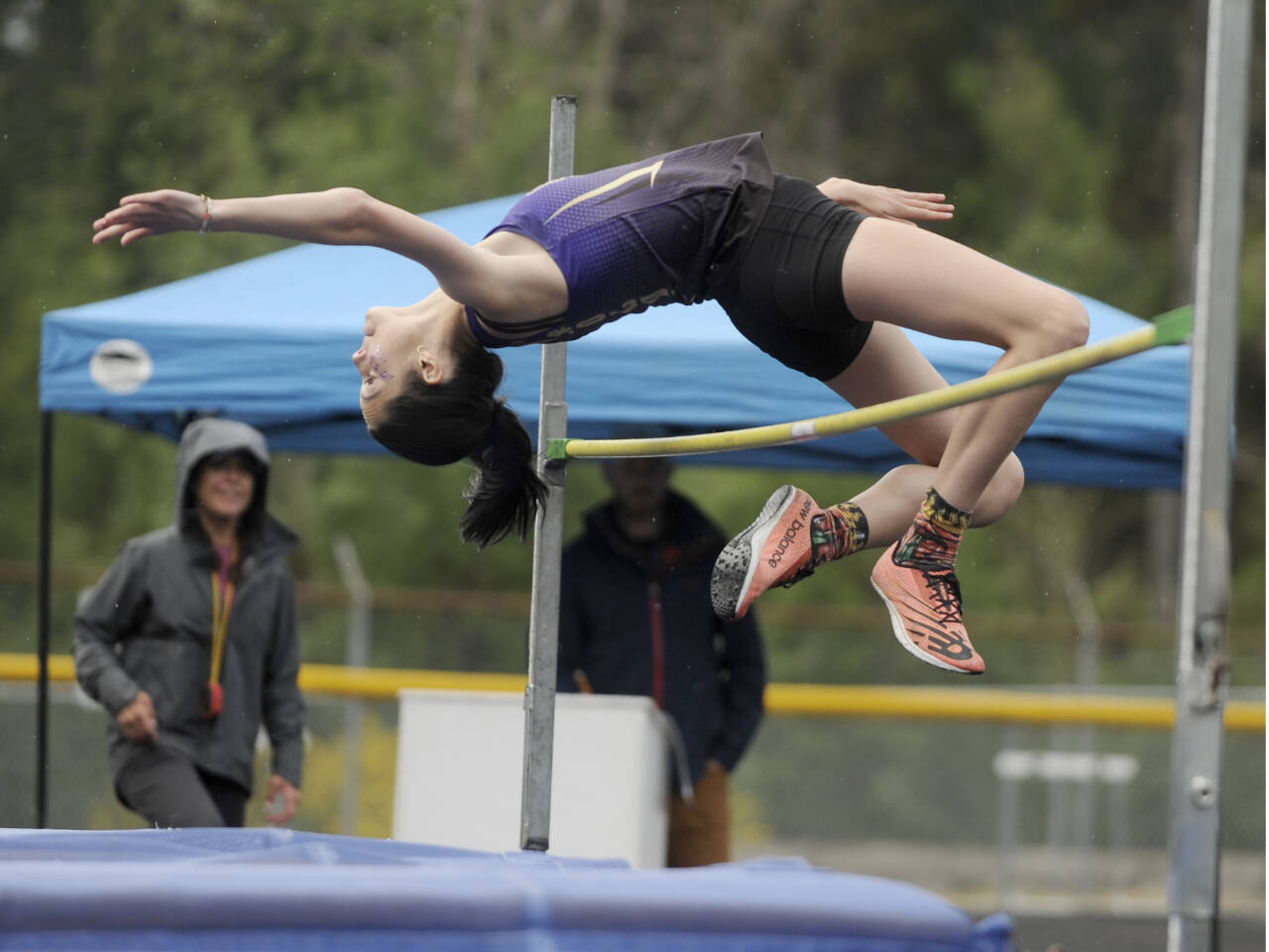 Sequim’s Clare Turella cleared 5 feet, 3 inches Saturday to win the bidistrict track and field meet championship in Belfair. (Michael Dashiell/Olympic Peninsula News Group)