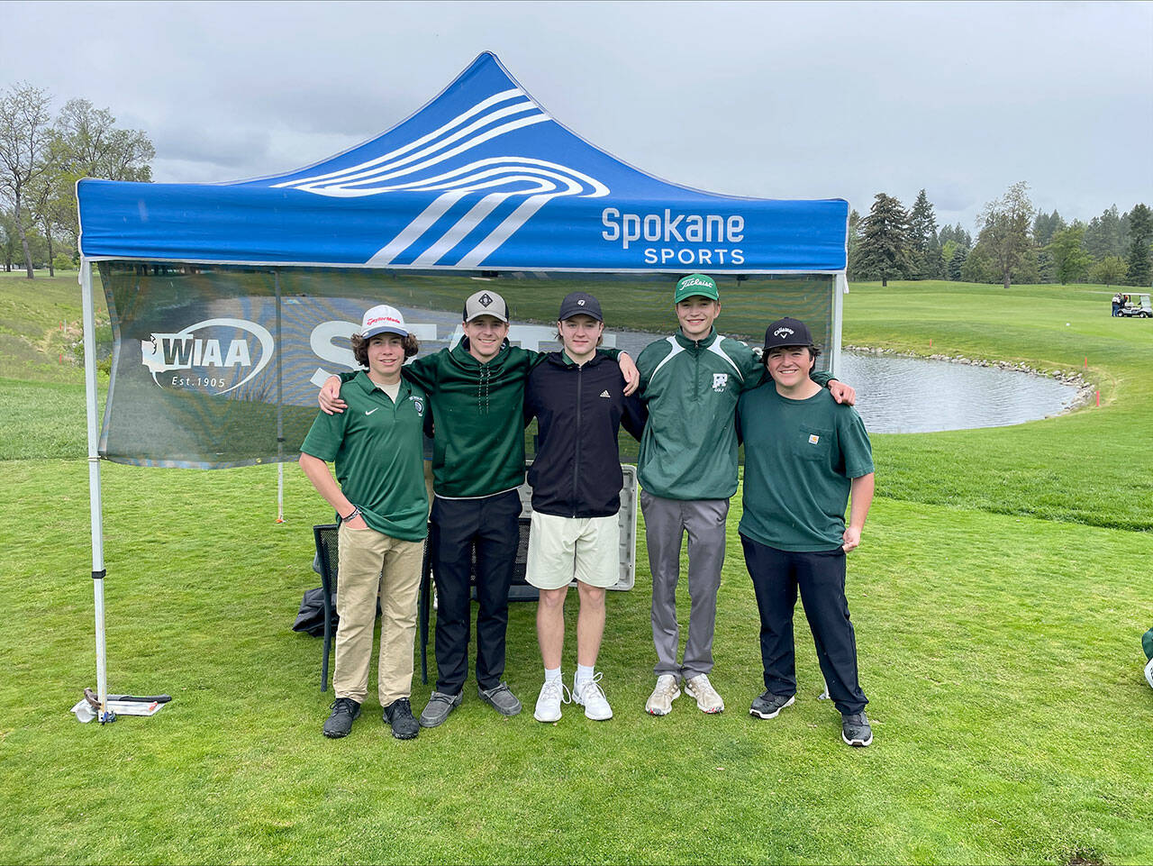 Bob Anderson/Port Angeles Golf The Port Angeles boys golf team from left, Sky Gelder, Austin Worthington, Reid Schmidt, Nate Anderson and Max Gagnon, recently competed at the Class 2A State Tournament at Liberty Lake Golf Course in the Spokane Valley. Anderson shot a 76 in his opening round and was looking for a high finish before a spring squall complicated matters for all players, dropping temperatures with cold rain and wind. He ended up earning 20th place.