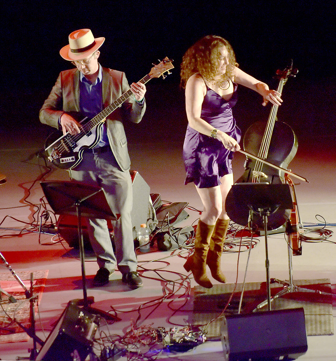 Rebecca Roudman, right, and Colin Williams of the San Francisco Bay area-based Renegade Orchestra take the stage at Field Arts & Events Hall, a Saturday venue of the Juan de Fuca Festival of the Arts. (Keith Thorpe/Peninsula Daily News)