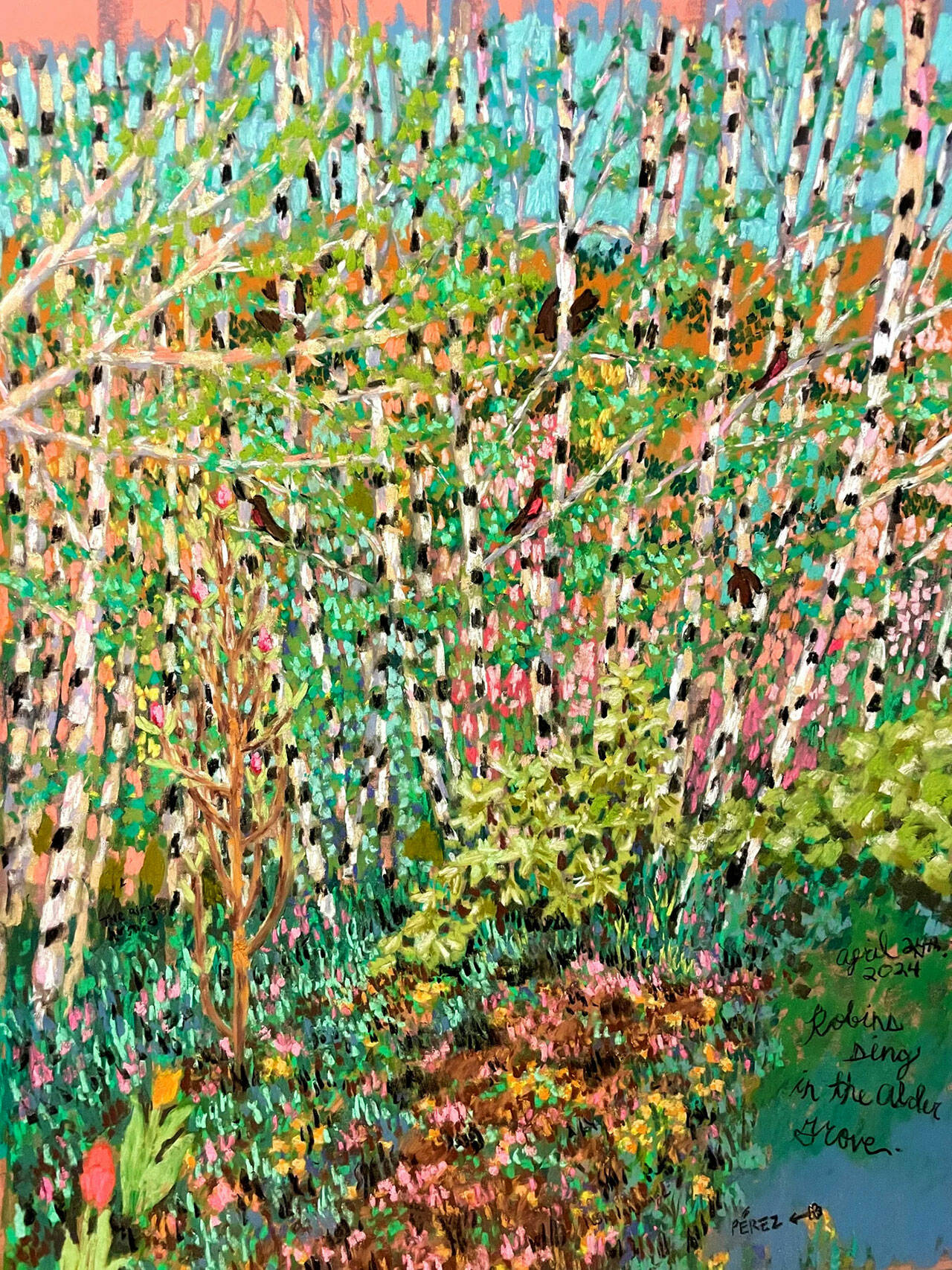 Isabel Elena Pérez’s pastel “Robins in the Alder Grove” is part of the “Lush Language” exhibit at Northwind Art’s Jeanette Best Gallery in Port Townsend.