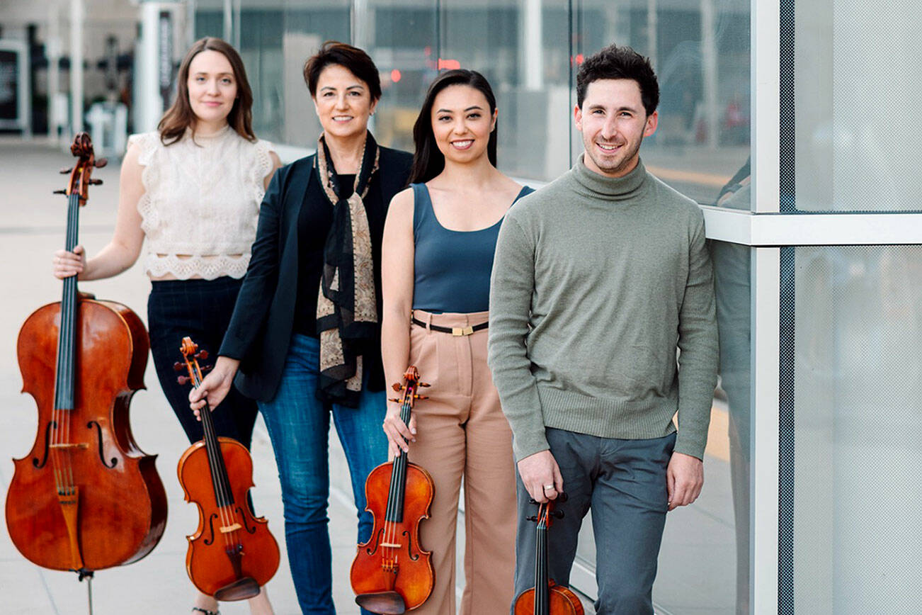 The Carpe Diem String Quartet, from left, Ariana Nelson, Korine Fujiwara, Marisa Ishikawa and Sam Weiser, will perform at Concerts in the Woods in Quilcene.
