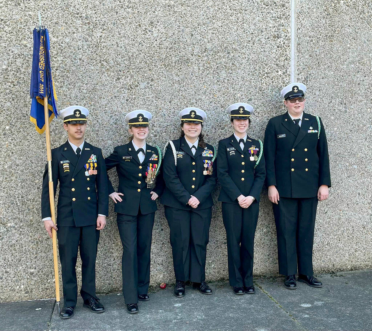 Port Angeles High School Navy Junior Reserve Officers Training Corps (NJROTC) members qualified for the Civilian Marksmanship Program’s National competition at Camp Perry, Ohio in July. Team members are, from left, Michael Aranda, Brenna Murphy, Talluhah Meneely, Sadie Miller and Joseph Maggard.