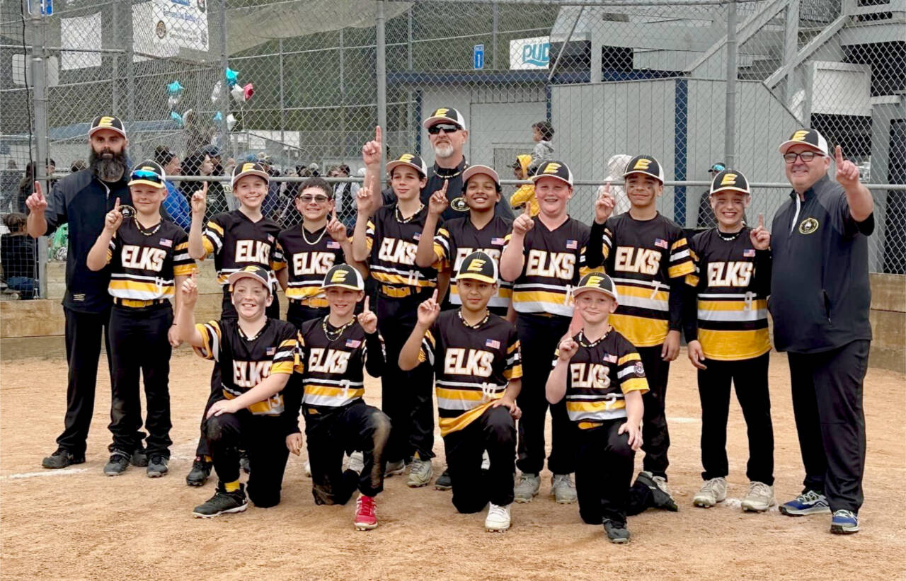 The Elks Majors 50/70 team celebrates its Port Angeles city championship this weekend as part of a North Olympic Baseball and Softball tournament weekend. Five teams total were crowned champions. From left, back row, are coach Jared Johnstad, Kade Johnstad, Felix Hammar, Kyler Williams, Jay Lieberman, Makai McAfee, coach Rob Merritt, Cooper Merritt, Julian Dominguez, Austin Penic and manager Brian Shimko. (Courtesy of Brian Shimko)