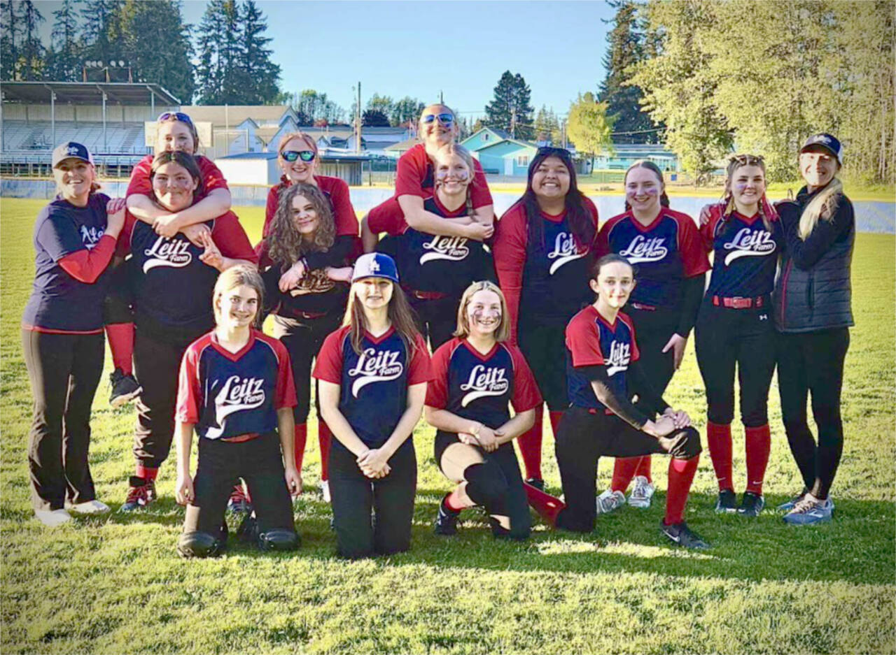 Leitz won the 16U senior fastpitch championship at the North Olympic Baseball and Softball Port Angeles city championsip. From top row, from left are coach Danielle Morgan, Shania Foster, Hadleigh Tokarczyk (on back), Jayla Olson, Emily LeFebvre (on back), Lainey Rudd, Allison Jester (on back), Laniyah Moore, Kayleen LeFebvre and Makynzie Baker, Coach Carly Swingle. Front row, from left, are Mariah Disque, Nyomie Colfax, Kadence Greul and Catie Chance. (Courtesy of NOBAS)