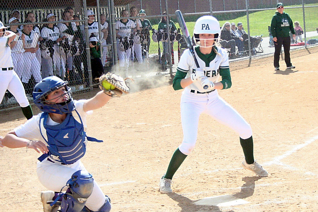 Port Angeles’ Natalie Robinson takes a pitcher against North Kitsap in a game in May. Robinson hit 12 home runs this year and was named the Olympic League MVP for the second straight season. (Pierre LaBossiere/Peninsula Daily News)