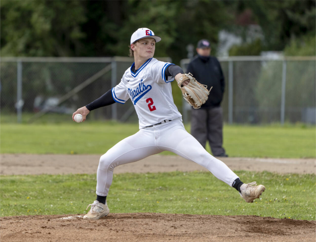 East Jefferson’s Brody Moore pitches against Klahowya back in April. Moore had a shutout and at least three games that he struck out more than 10 batters this season for the Rivals. he was named tot he second team all-Nisqually League. (Steve Mullensky/for Peninsula Daily News)