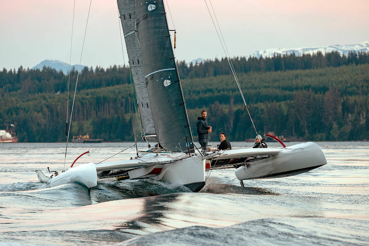 Victoria-based Team Malolo was poised to win the 2024 Race to Alaska on Monday. At midday, the team was 20 miles out from the finish line in Ketchikan, Alaska, while the second-place team was still about 70 miles behind. (Taylor Bayly/Northwest Maritime)