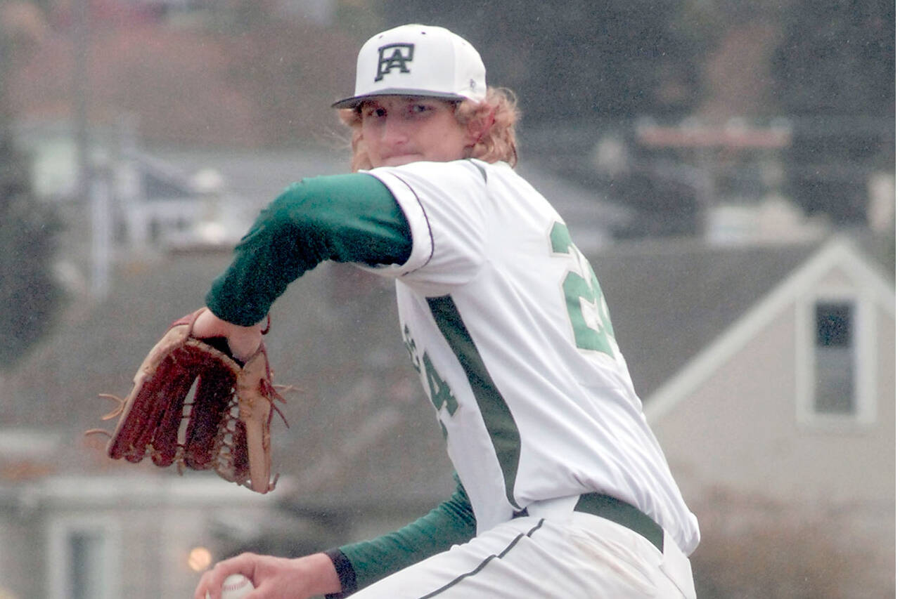 Keith Thorpe/Peninsula Daily News
Port Angeles pitcher John Vaara throws for the Port Angeles Roughriders back in 2022. Vaara has returned to Civic Field as a member of the Lefties after going through 19 months of rehab for a torn UCL.