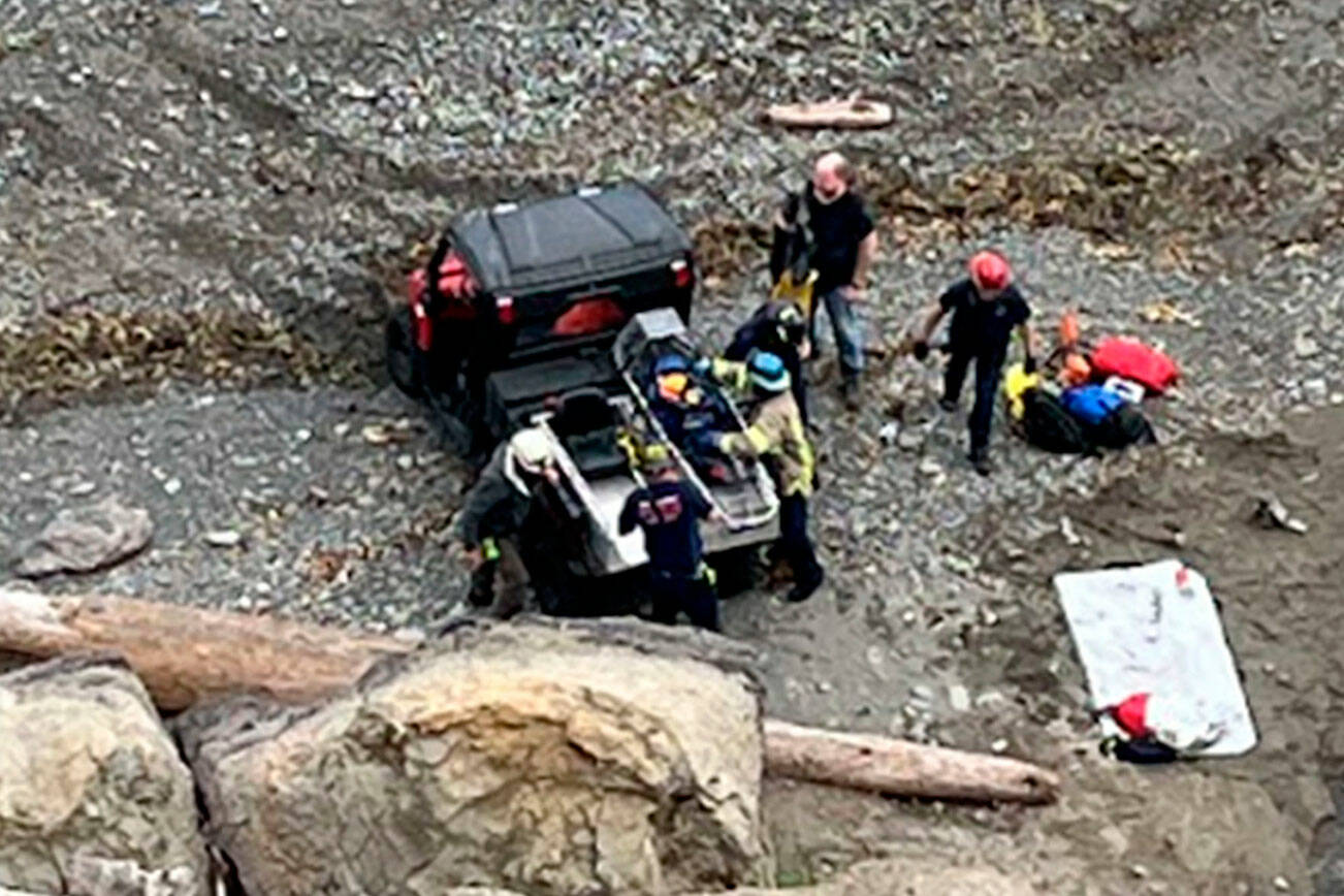 Firefighters rappelled down bluffs north of Sequim overlooking the Strait of Juan de Fuca to help a woman who was hurt while looking for her dog that fell. (John McKenzie)
