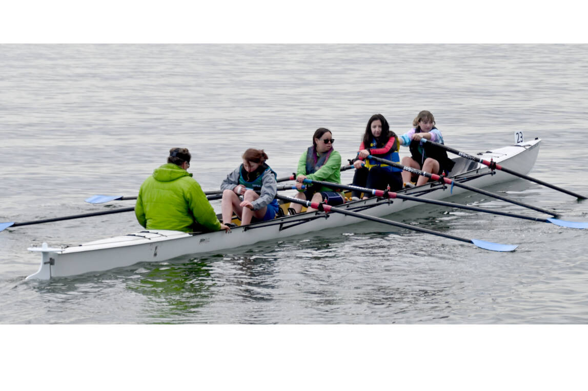 From left, Olympic Peninsula Rowing Association team members Sean Halberg, Quinn Peterson, Amanda Chan, Abby Cassel and Haverly Peterson compete in the Rat Island Regatta. (Courtesy of OPRA)