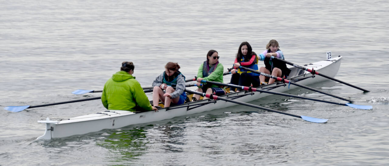 From left, Olympic Peninsula Rowing Association team members Sean Halberg, Quinn Peterson, Amanda Chan, Abby Cassel and Haverly Peterson compete in the Rat Island Regatta. (Courtesy of OPRA)