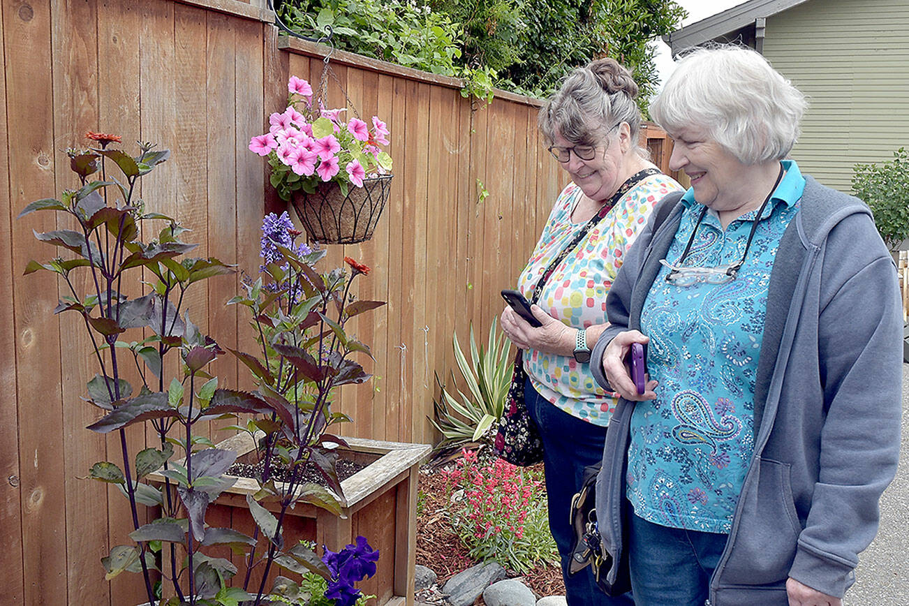 Lydia Madruga, left, and Judy Perry, both of Port Angeles, examine plants and flowers in the backyard garden of Lorenzo Portelli and Darlenme Sabo, a stop on Saturday’s Petals and Pathways garden tour. The event, hosted by the Master Gardener Foundation of Clallam County, showcased a collection of private and public gardens in Port Angeles and served as a fundraiser for the Woodcock Demonstration Garden near Agnew and Master Gardener plots at the Fifth Street Community Garden in Port Angeles, as well as community outreach and education programs. (Keith Thorpe/Peninsula Daily News)