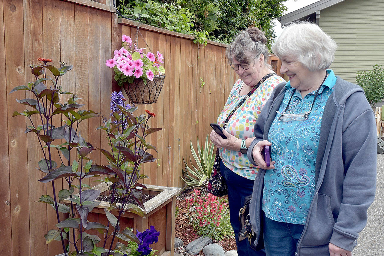 Lydia Madruga, left, and Judy Perry, both of Port Angeles, examine plants and flowers in the backyard garden of Lorenzo Portelli and Darlenme Sabo, a stop on Saturday’s Petals and Pathways garden tour. The event, hosted by the Master Gardener Foundation of Clallam County, showcased a collection of private and public gardens in Port Angeles and served as a fundraiser for the Woodcock Demonstration Garden near Agnew and Master Gardener plots at the Fifth Street Community Garden in Port Angeles, as well as community outreach and education programs. (Keith Thorpe/Peninsula Daily News)