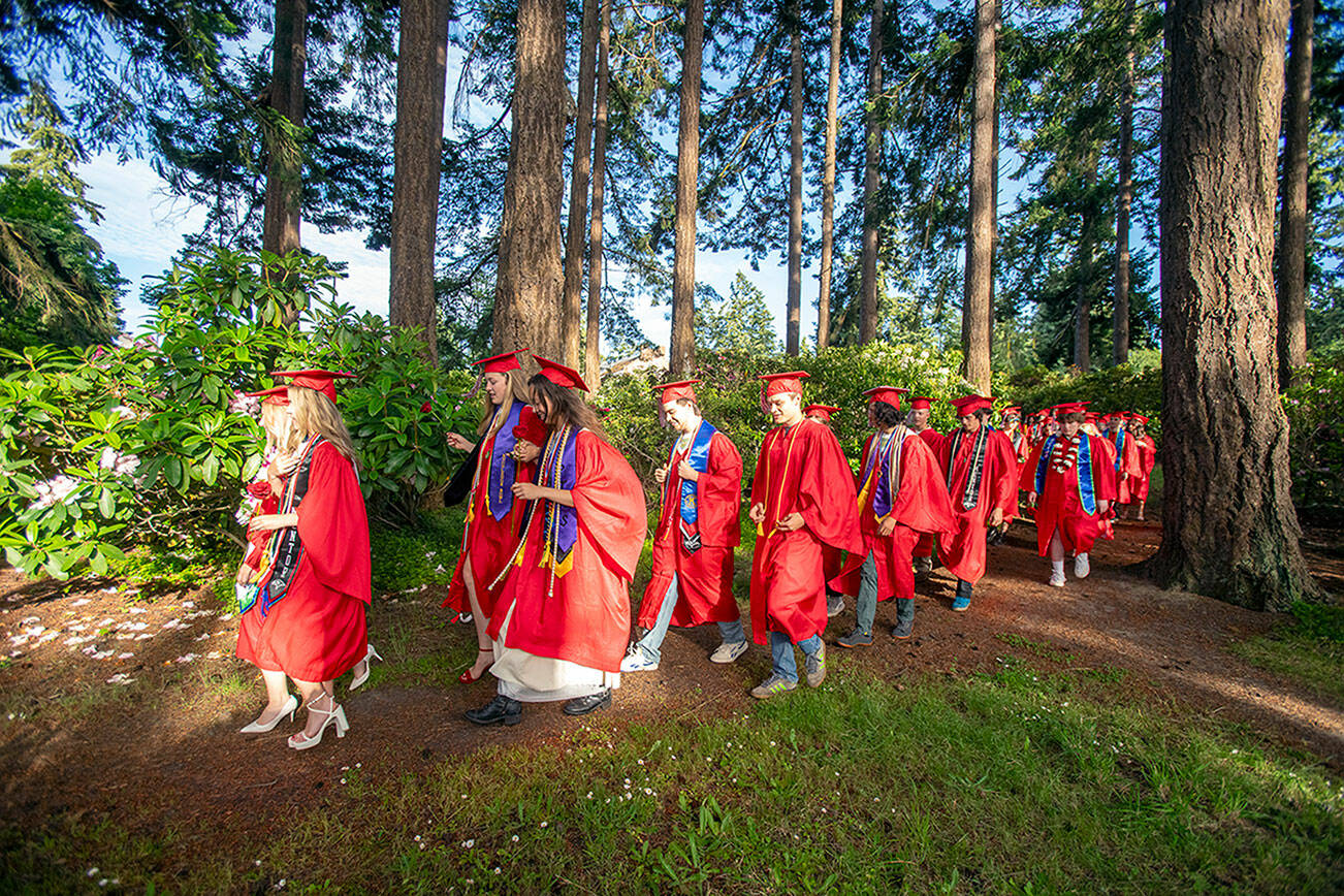 The 95 Port Townsend High School seniors walk through the rhody garden at Fort Worden State Park on their way to the graduation ceremony on Friday. (Steve Mullensky/for Peninsula Daily News)