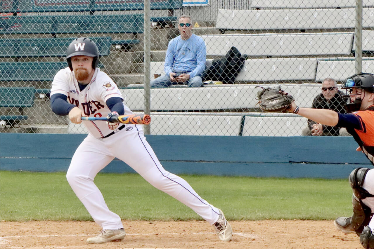 Wilder Senior’s Ezra Townsend bunts against Whatcom Post No. 7 earlier this season. Wilder Senior and Wilder Junior both enter the Dick Brown Memorial Tournament having gone 3-1 this weekend at tournaments in Mount Vernon and Selah. (Dave Logan/for Peninsula Daily News)