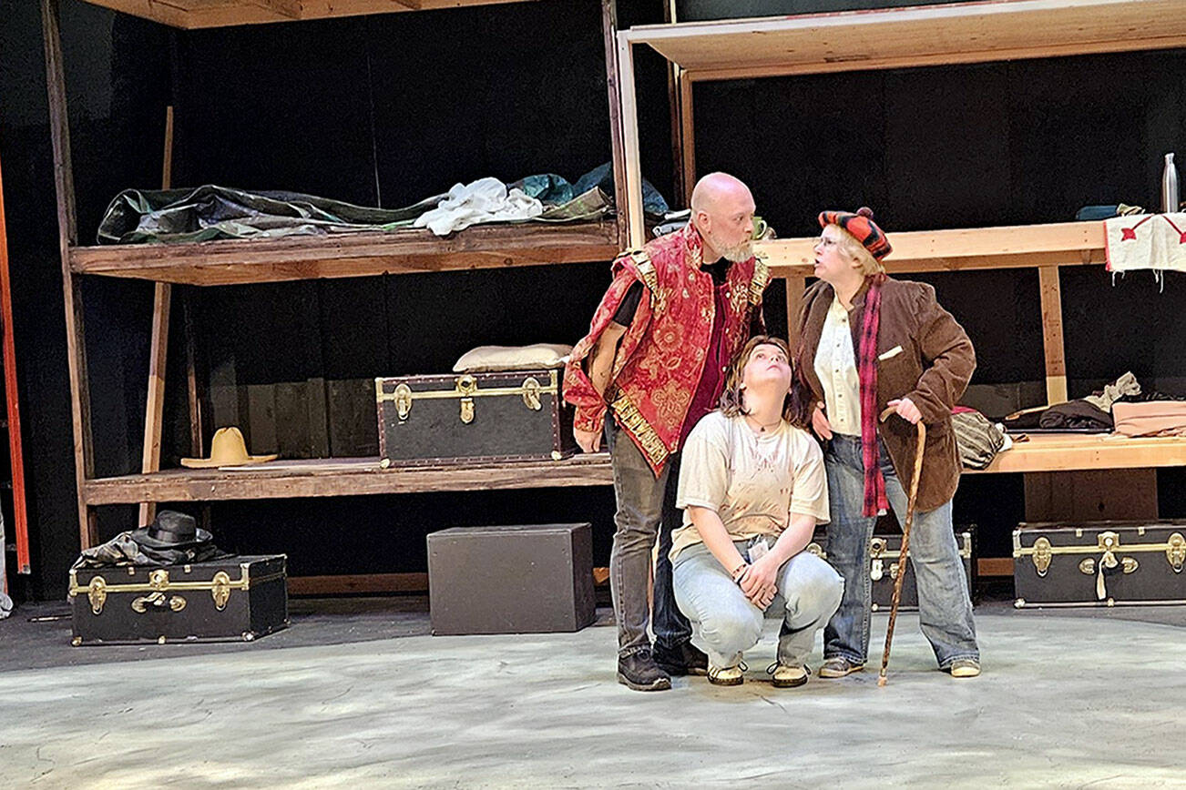 From left, Zach Wiedenhoeft, Wesley Vollmer and Tara DuPont, all of Port Angeles, at a rehearsal of “The Curate Shakespeare As You Like It.”
