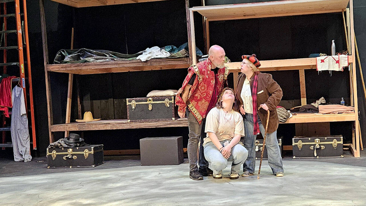From left, Zach Wiedenhoeft, Wesley Vollmer and Tara DuPont, all of Port Angeles, at a rehearsal of “The Curate Shakespeare As You Like It.”