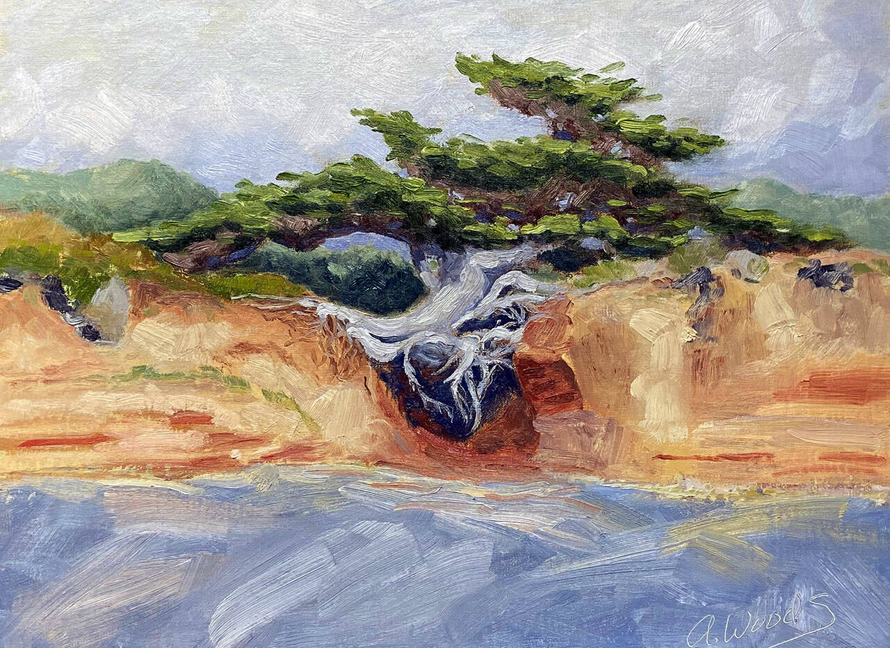 “Tree of Life,” an oil painting by Andrea Woods, is on display at Harbor Arts Gallery.