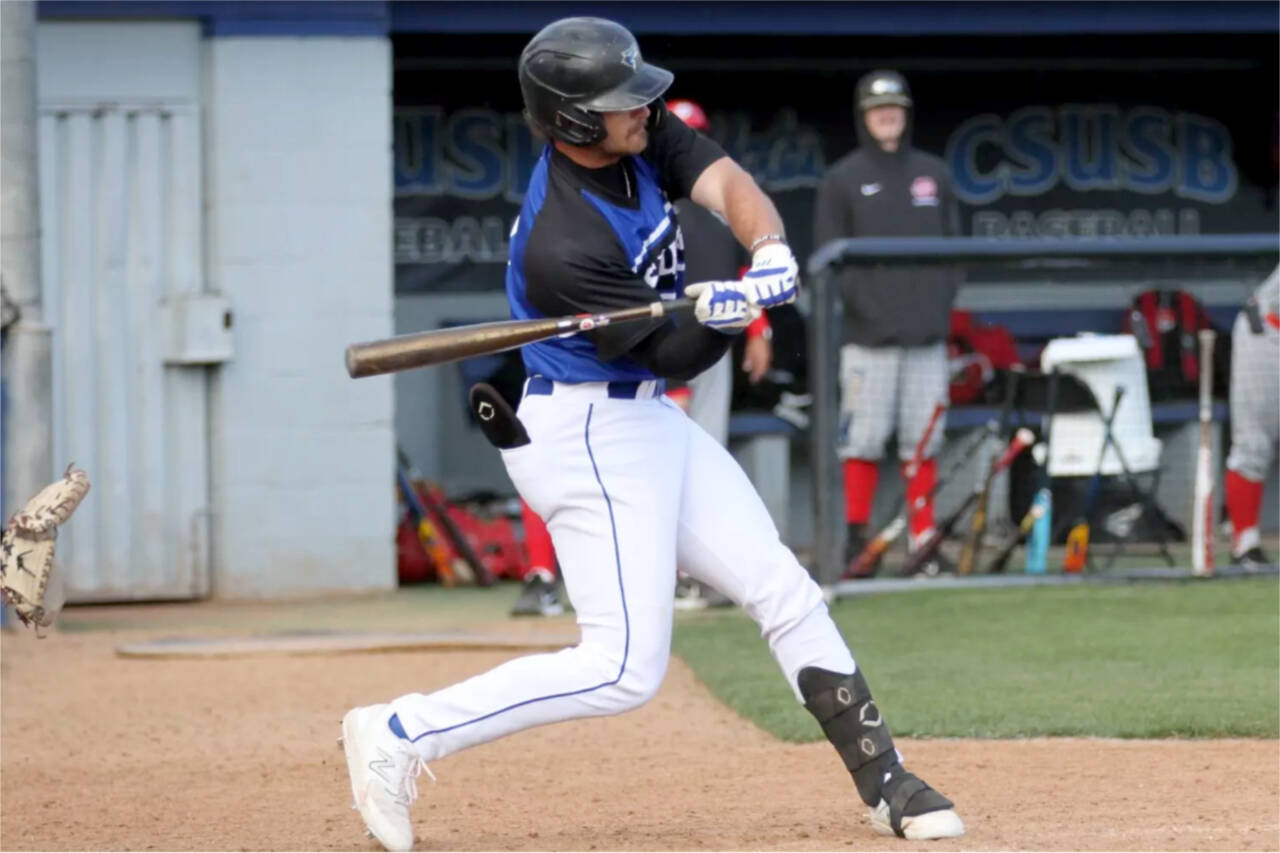 Jeremy Giesegh, batting for Cal State, San Bernardino, now plays for the Port Angeles Lefties, and they are glad to have him. Giesegh is near the top of the West Coast League leaderboard in multiple offensive categories. (Cal State, San Bernardino)
Jeremy Giesegh, batting for Cal State, San Bernardino, now plays for the Port Angeles Lefties, and they are glad to have him. Giesegh is near the top of the West Coast League leaderboard in multiple offensive categories. (Cal State, San Bernardino)