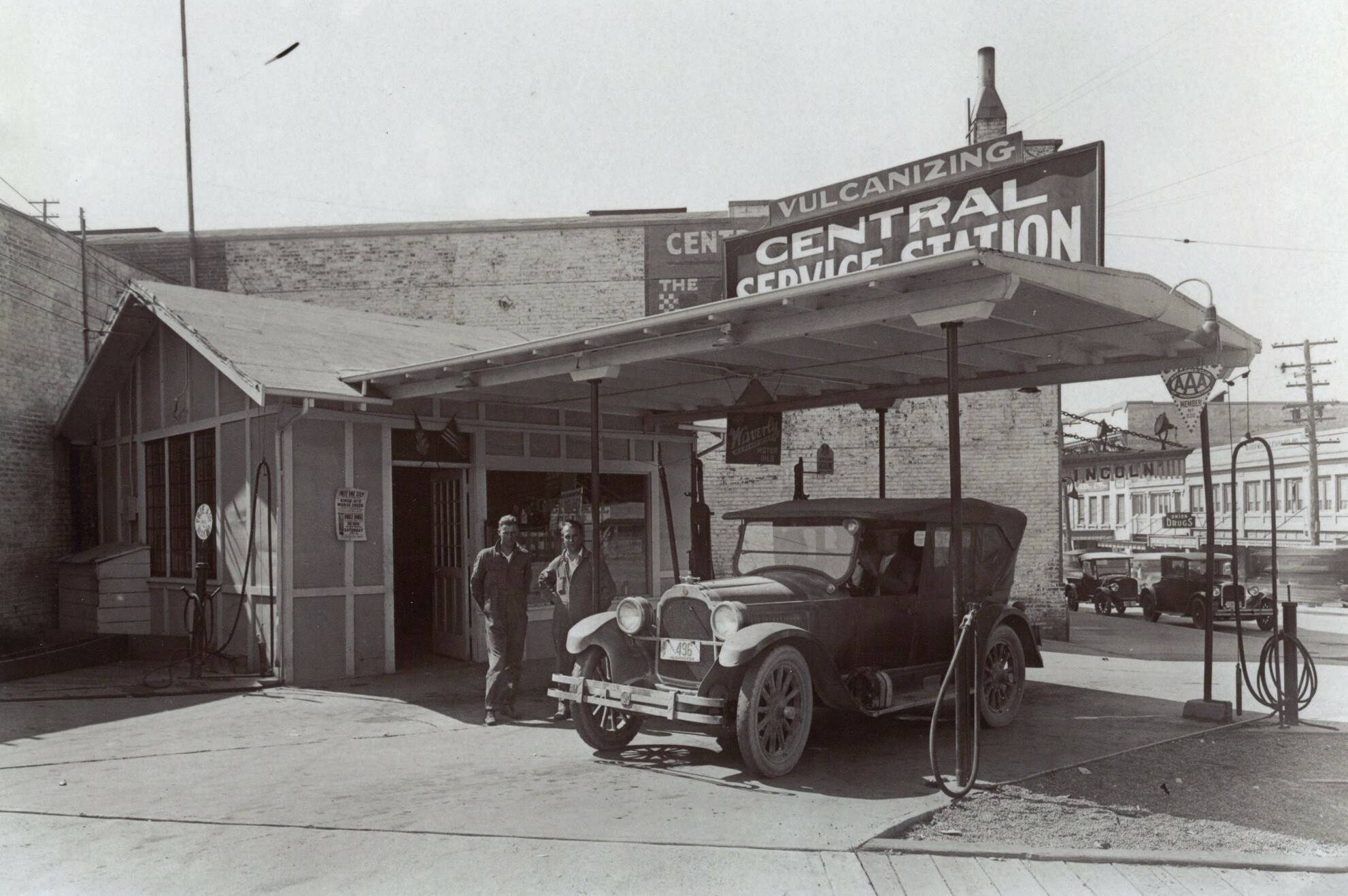 Central Service Station in 1925. The station was located at First and Lincoln streets in Port Angeles. First Street and the Lincoln Theater are in the background.