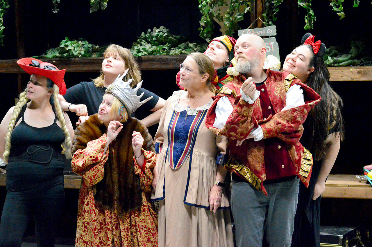 The cast of “The Curate Shakespeare As You Like It” is, from left, Dawn Alexander, Wesley Vollmer, Tara Dupont, Donna Behrens, Ben Heintz, Zack Wiedenhoeft and Marissa Wilson LaJambe. The comedy arrives Friday at the Port Angeles Community Playhouse. (Diane Urbani de la Paz/For Peninsula Daily News)