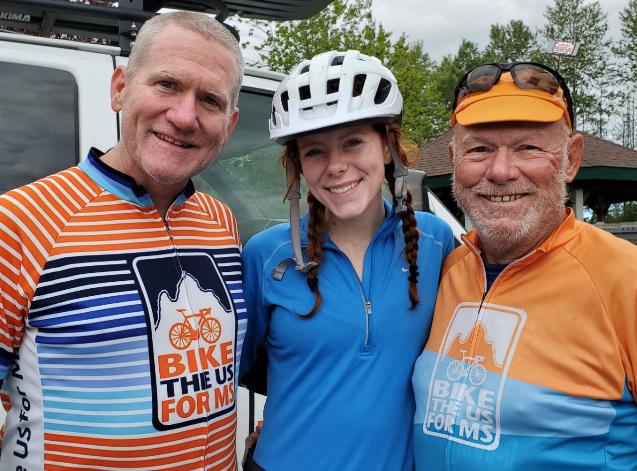 Three generations of Bike the US for MS riders — from left, Michael Davies, Jordyn Davies and Richard Davies — visit the Sequim MS Support Group. (Sequim MS Support Group)