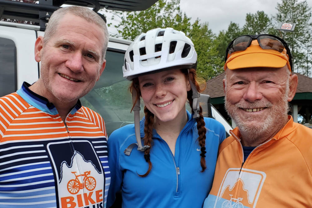 Three generations of Bike the US for MS riders — from left, Michael Davies, Jordyn Davies and Richard Davies — visit the Sequim MS Support Group. (Sequim MS Support Group)