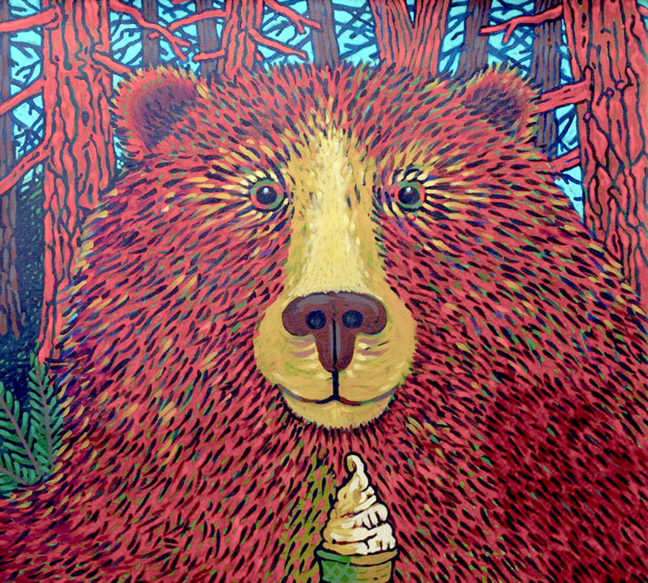 “Red Bear with Soft Serve,” a painting by Frank Samuelson, is part of his “Frosting the Cosmos” exhibit at Aurora Loop Gallery.