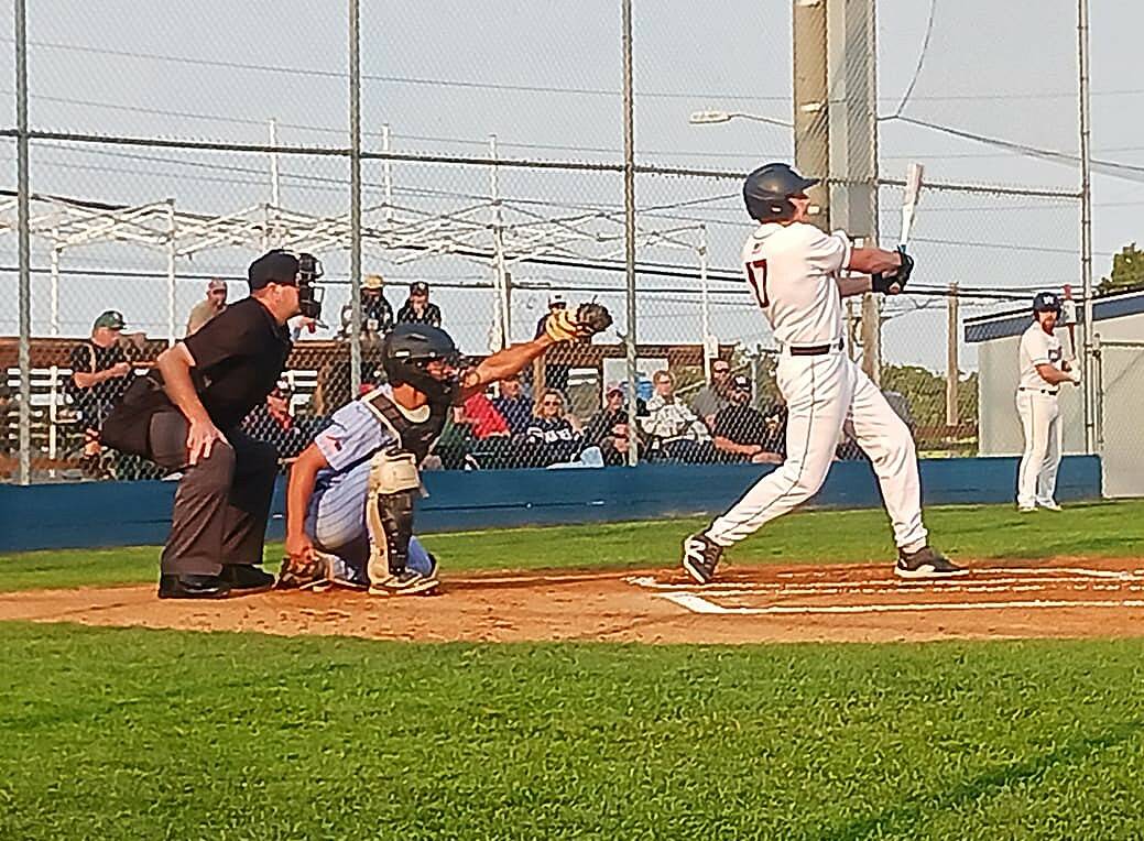 Wilder Senior’s Braydan White crushes an RBI double in the first inning against Gonzaga Prep on Saturday night at Civic Field in Wilder’s opening game of the AAA American Legion state tournament. (Pierre LaBossiere/Peninsula Daily News)