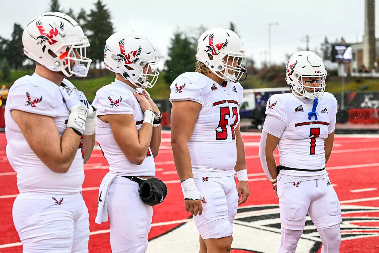 Courtesy Eastern Washington Athletics Forks’ Luke Dahlgren, second from right, shown during a pregame coin flip during the 2023 season, has been selected as a captain for the second straight season for the Eastern Washington football team.