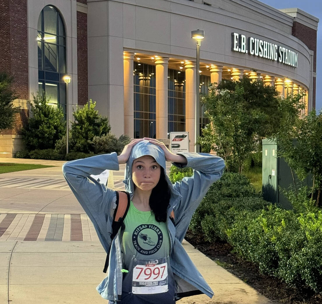 Photo courtesy of Turella family / Sequim’s Clare Turella celebrates a 17th place finish in the high jump at the USA Track & Field National Junior Olympic Championships in Texas on July 25.