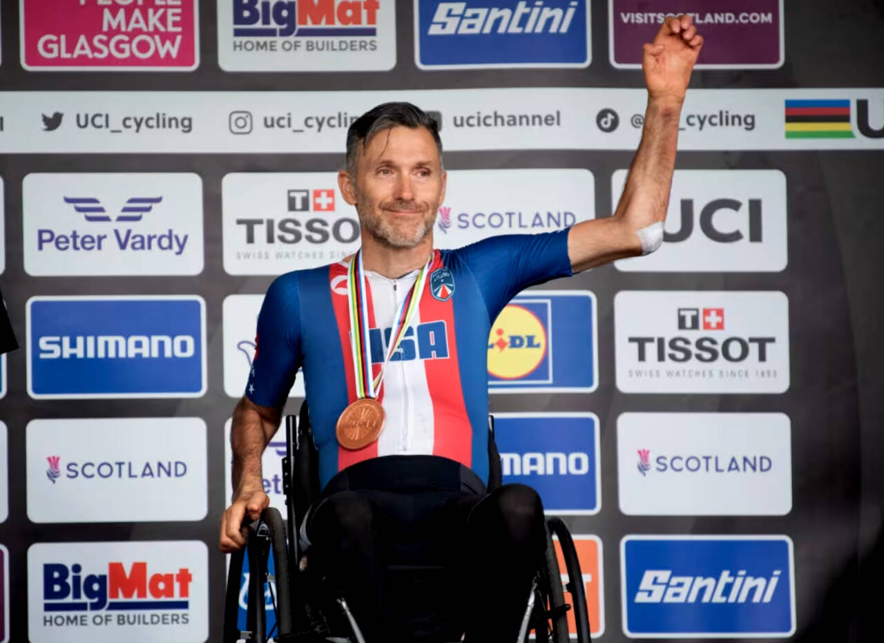 Barry Wilcox winning his bronze medal at the para-cycling world championships in Glasgow, Scotland in 2023. (Casey Gibson/USOPC)