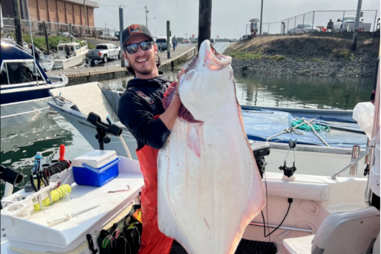 A fisherman shows off his halibut catch in Westport. Halibut season reopens today in the Strait of Juan de Fuca and outer coast.
David Bergeron/WDFW