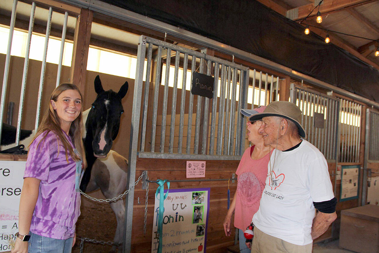 Photo by Karen Griffiths  

Silver Spur’s  Kiley McDougal answered questions Janet and Bill Atkiuson about the difference between mom Queenie’s coat coloring classification and  her 2-month old, Ronin. They are both Paint horses owned by Ellora  Churchill. Queenie  is a black and white Tobiano Paint. Their bodies are either predominately dark or white, frequently have two-colored tails; heads are usually solid colored with a white snip, star,  strip or blaze on their face. Ronin is Tovero, which has  a predominately white coat on the body and face.  His spots are brown. For more information go to the American Paint Horse Ass. Web site https://apha.com