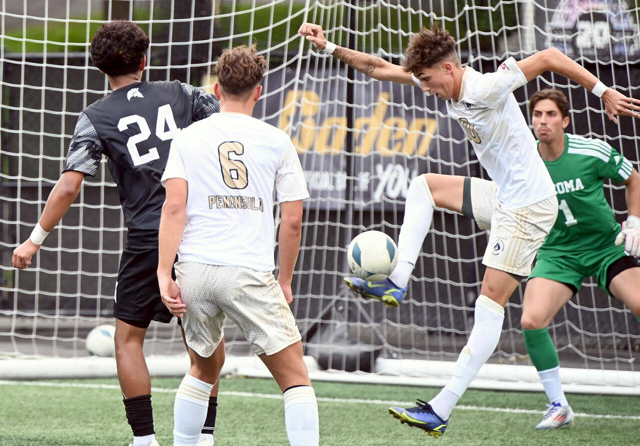 Rick Ross/Peninsula College Athletics Peninsula College’s Nil Grau controls the ball in the goal box while looking to score during the Pirates’ 3-1 win over Tacoma at the NWAC Friendlies in Tacoma.