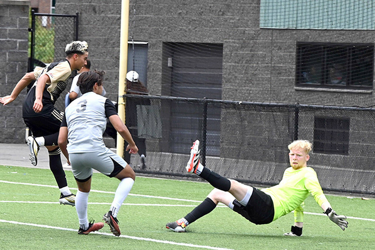 Rick Ross/Peninsula College Athletics
Peninsula's Nils Grau, far left, celebrates before the ball crosses the goal line as teammate Ezrah Ochoa, third from left, looks on during the Pirates' 7-0 win over Portland.