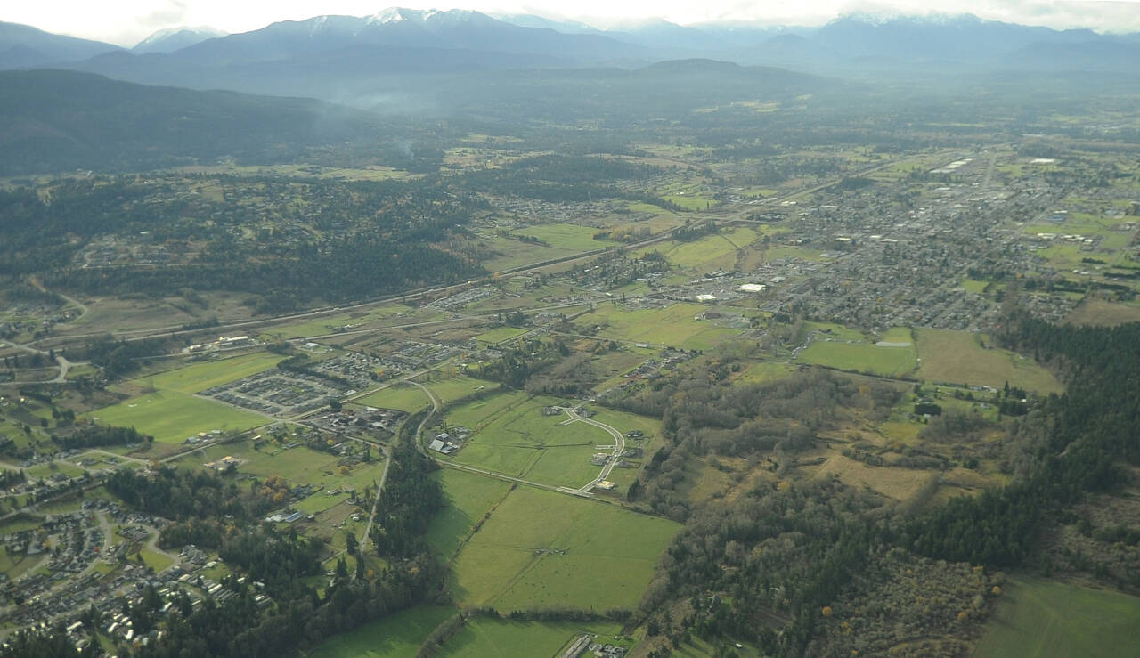 This 2020 aerial photo shows Sequim and the bypass that was opened in 1999. It deterred traffic from Washington Street in hopes of creating less congestion. (Michael Dashiell/Olympic Peninsula News Group file)