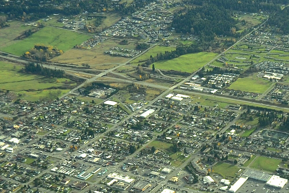 This 2020 aerial photo shows Sequim and the bypass that was opened in 1999. It deterred traffic from Washington Street in hopes of creating less congestion. (Michael Dashiell/Olympic Peninsula News Group file)