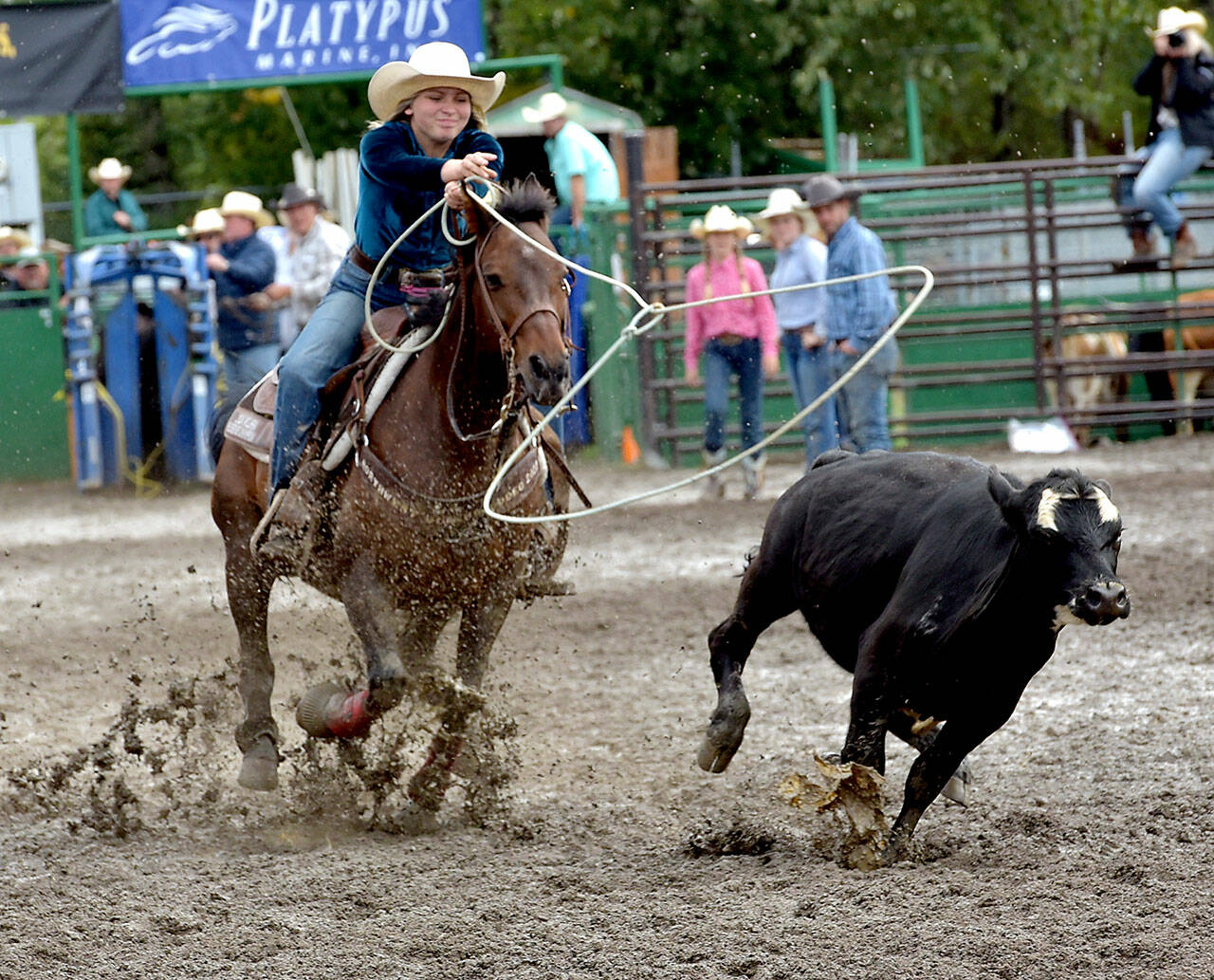 KEITH THORPE/PENINSULA DAILY NEWS Emma Gulley, 14, of Roy takes her turn in the senior girls breakaway during Saturday’s Port Angeles Junior Rodeo at the Clallam County Fairgrounds. The event brought youth competitors from across Western Washington for two days of rodeo competition.