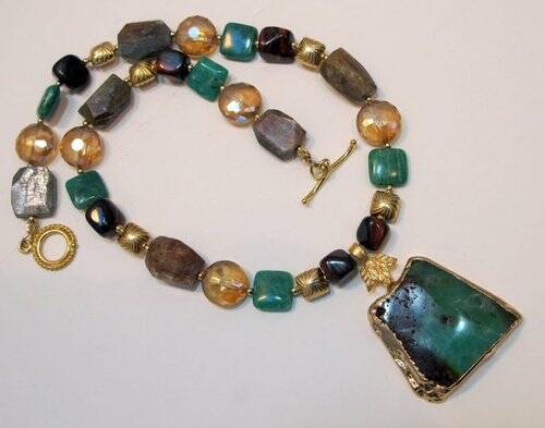 A chrysoprase, 24-karat gold, vermeil and apatite necklace by Judith Komishane at Gallery 9.