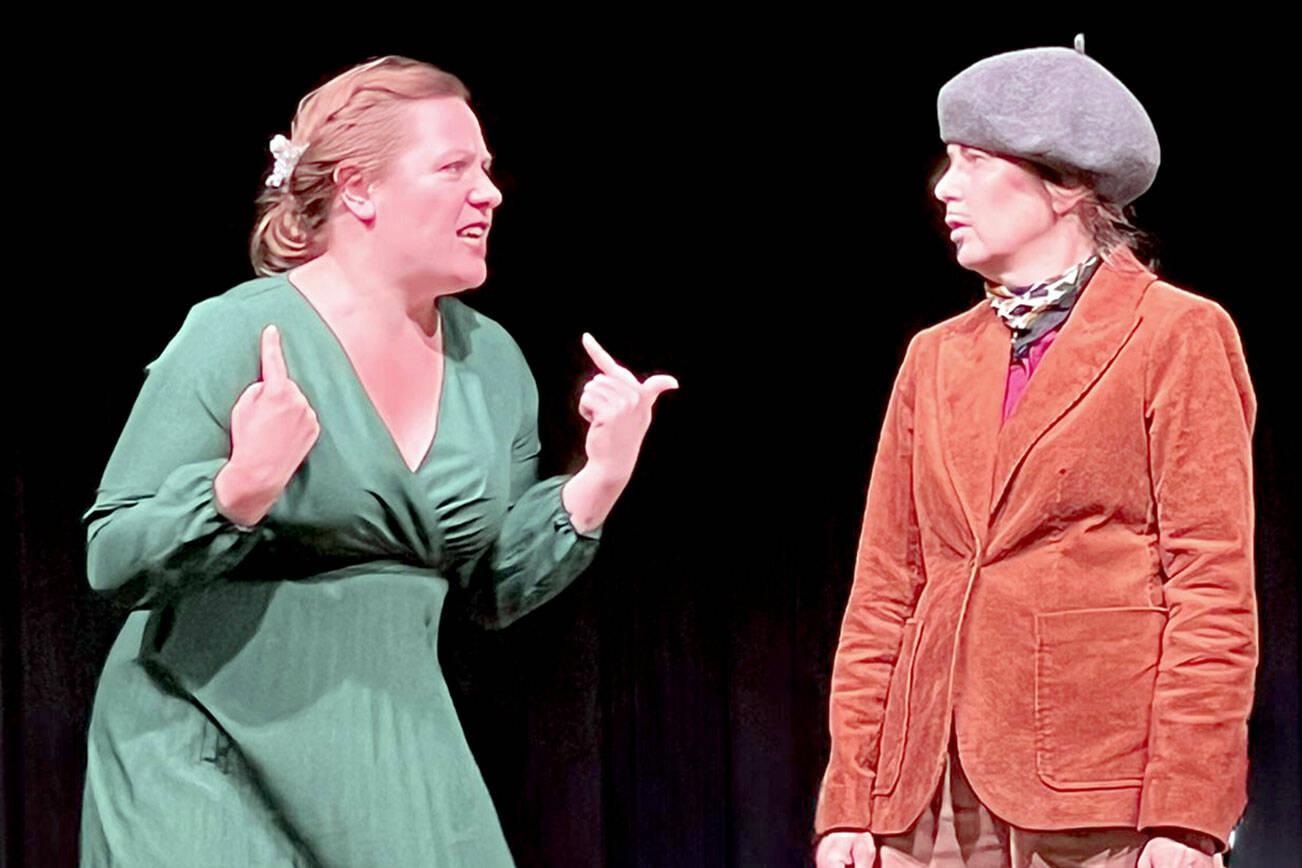 Kelly McNees as Elizabeth Hartley-Trumpington and Christie Lang as Pierre Marceau in the Ludlow Village Players’ production of “Murdered to Death.”