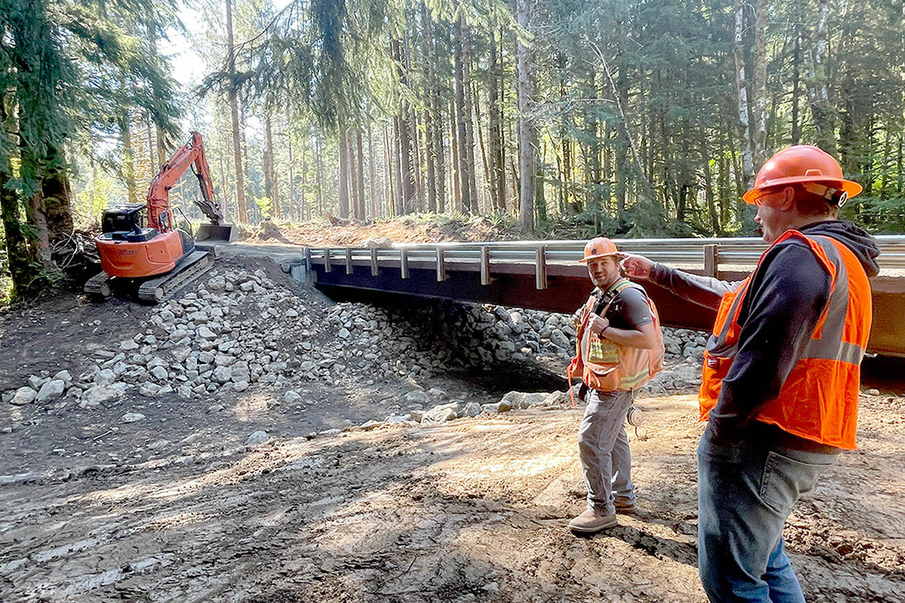 Scott Hanna, right, and Chad Vandehey, engineers with the state Department of Natural Resources’ Olympic National Forest unit, check out a new bridge over a tributary to the Calawah River. The project is a Good Neighbor Authority partnership between DNR and the U.S. Forest Service. (Paula Hunt/Peninsula Daily News)