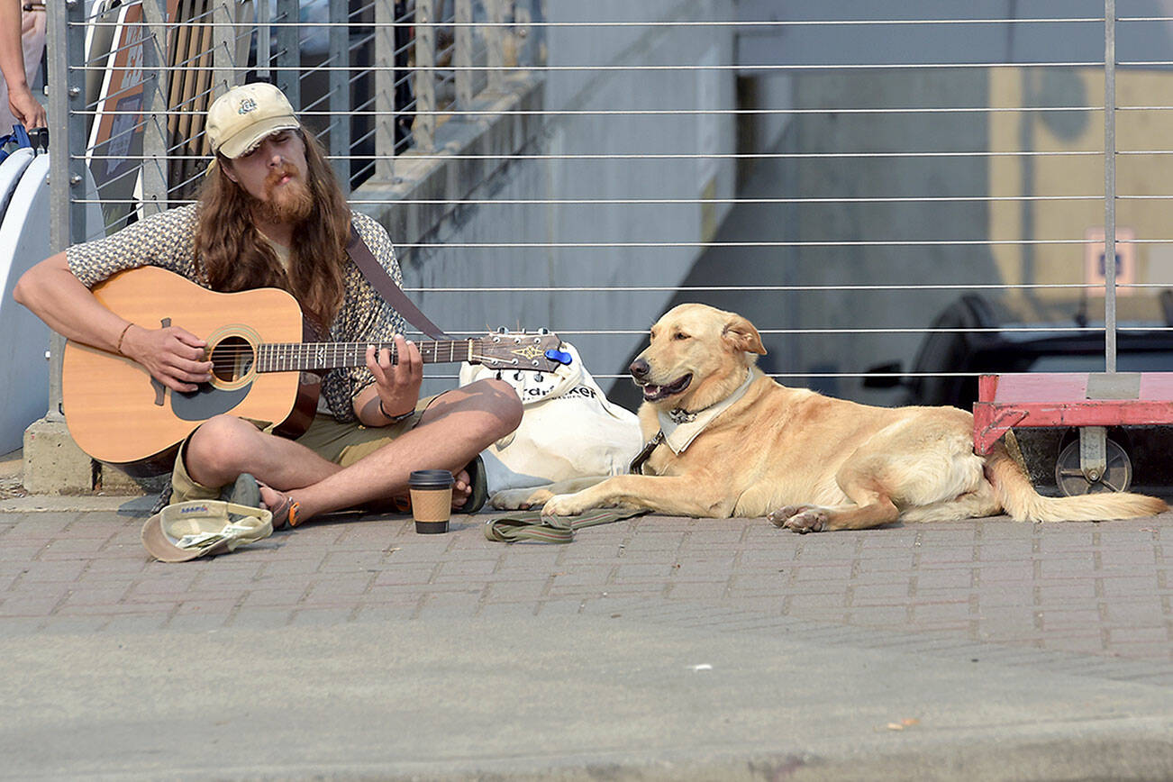 Isaac Deater of Port Angeles plays guitar as his dog, Mimi, listens in on the sidewalk outside the Port Angeles Farmers Market at The Gateway pavilion on Saturday. Deater was busking for donations on a warm late-summer weekend on the North Olympic Peninsula. (Keith Thorpe/Peninsula Daily News)