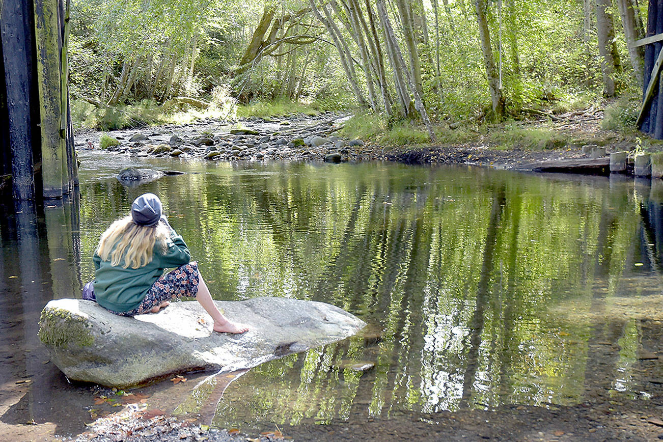 Laura Lee Wadsworth of Sequim looks out on Morse Creek near the Olympic Discovery Trail east of Port Angeles on Tuesday. Wadsworth said the creek is a peaceful place to enjoy a late-summer day. (Keith Thorpe/Peninsula Daily News)